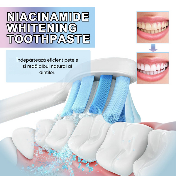 Pastă de dinți BodyAccel cu niacinamidă – albire blândă, îndepărtează petele și redă albul natural al dinților (înainte/după)